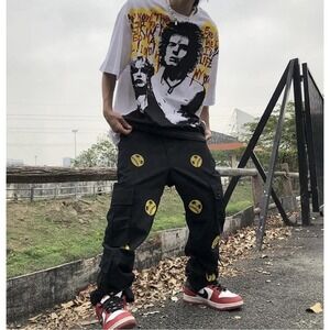 Cargo Skull Emoji Graphic Design Pants Size Large goth cyberpunk streetwear NWOT